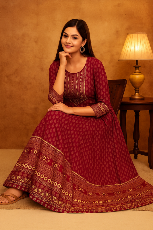 Pehrava Riwaayat – Maroon Embroidered Anarkali Kurti in Soft Rayon